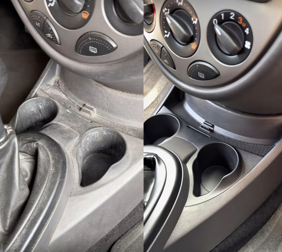 Mittelkonsole im Auto vor und nach der Reinigung