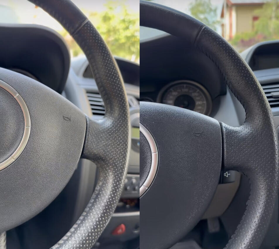 Lenkrad eines Fahrzeugs vor und nach der Reinigung