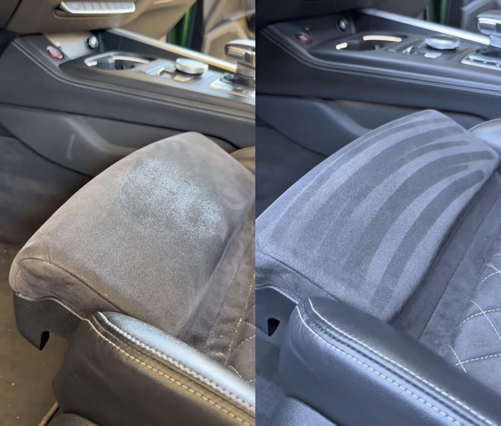 Armlehne aus Stoff im Auto vor und nach der Reinigung