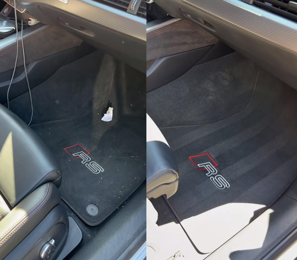 Untitled Fußraum im Auto vor und nach der Reinigung