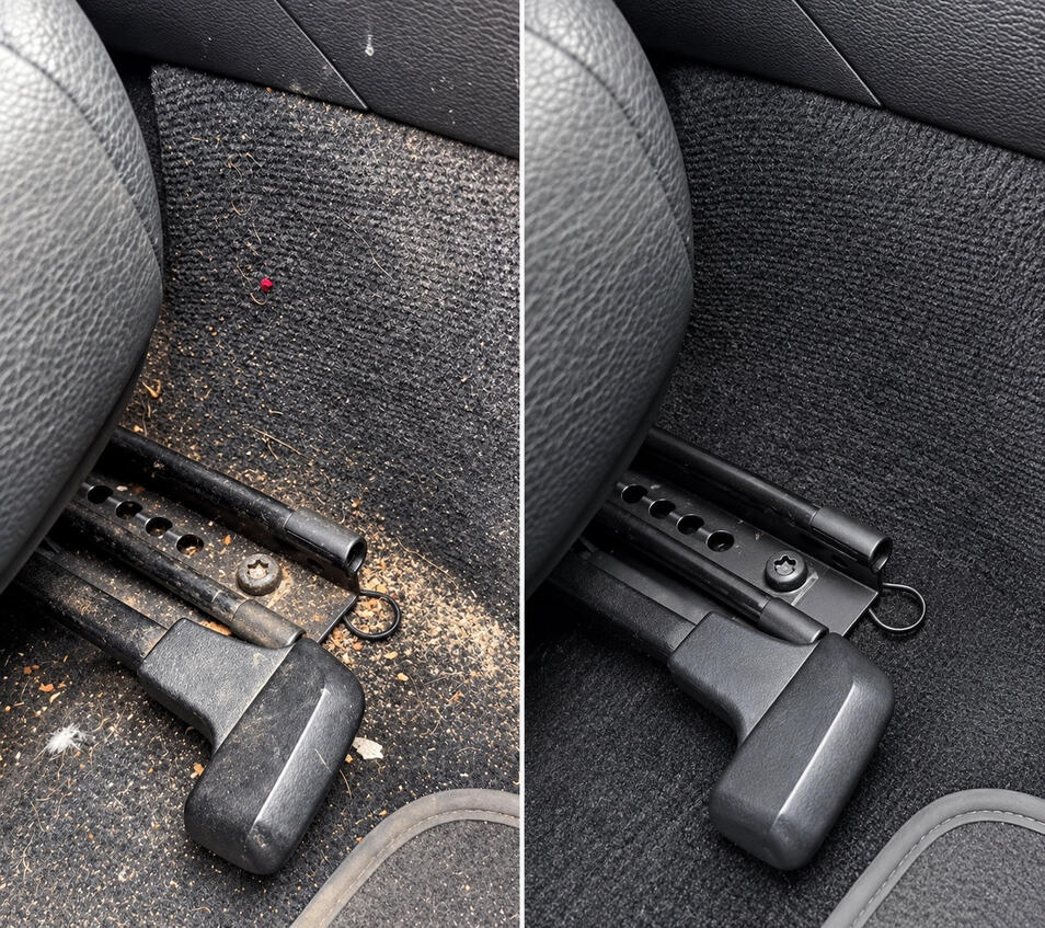 Untitled Sitzschienen und Teppich im Auto vor und nach der Reinigung