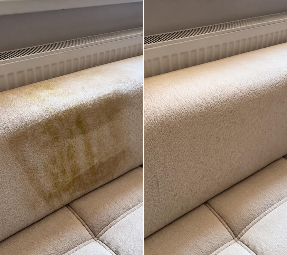 Untitled Sofa-Armlehne aus Stoff vor und nach der Reinigung