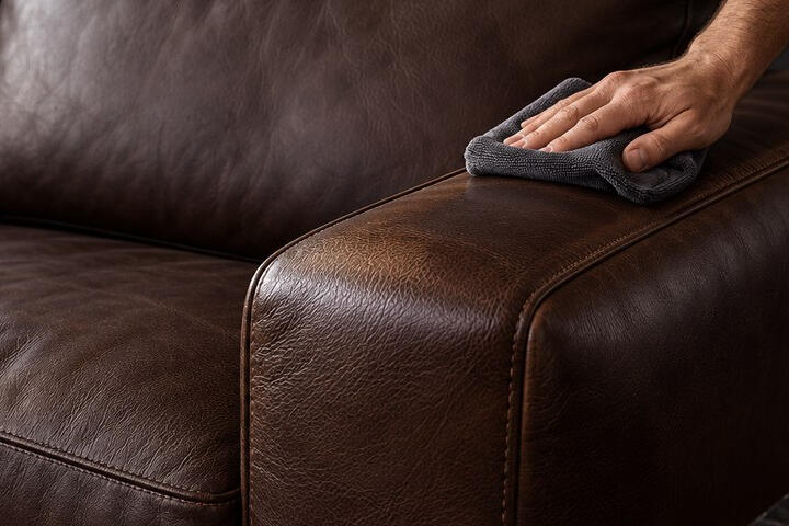 Pflege einer Ledercouch mit Mikrofasertuch